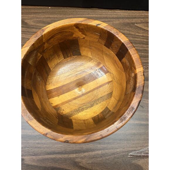 Vintage Teak Wooden Segmented Wood Serving Salad Bowl Or Fruit Bowl 9”W X 4.5”H - Picture 3 of 7